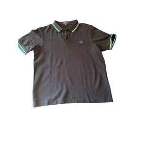 Fred Perry Polo Shirt Black M3600 Slim Fit Twin Tipped Blue Yellow Trim Mens L
